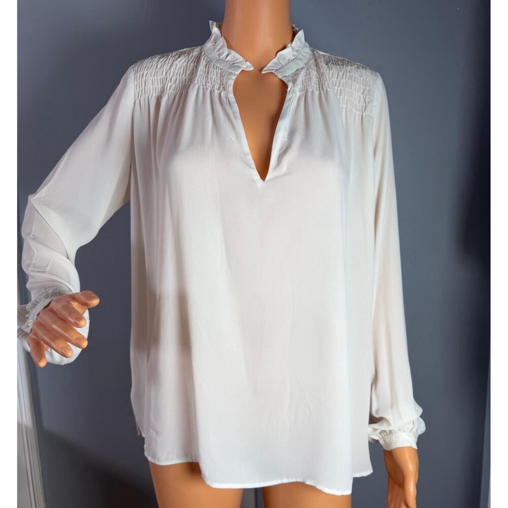 Ann Taylor Blouse Womens Small White Ruffle Neck Smocked Long Sleeve Split NWT.
